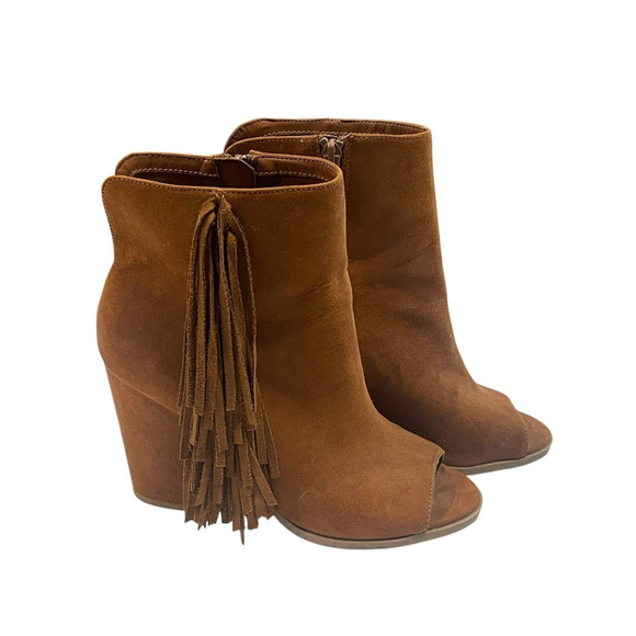 Big Buddha Shoes - Big Buddha Brown Suede Peep Toe Zip Booties w/Fringe Womens size 7 Boho Western